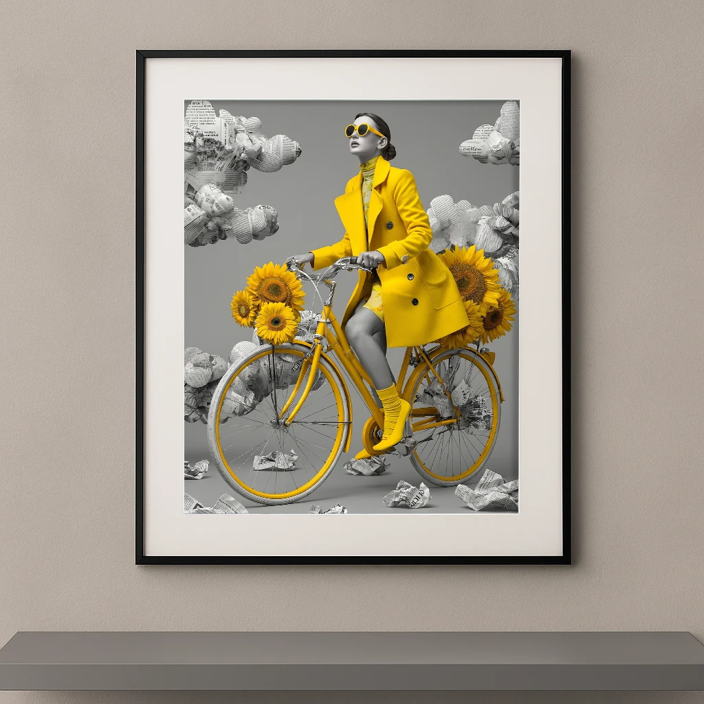 Mode vintage monochrome jaune solaire vélo manteau tournesols géants — Graphic Avenue