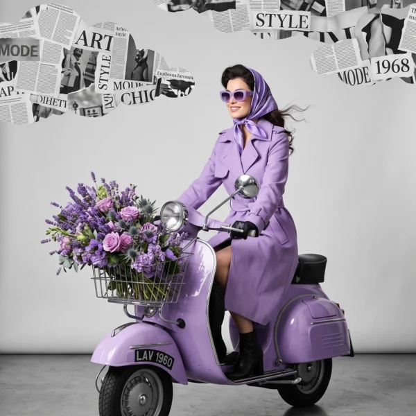 Lavande Chic — mode vintage monochrome lavande, conductrice en Vespa lavande avec bouquet mauve, art mural premium