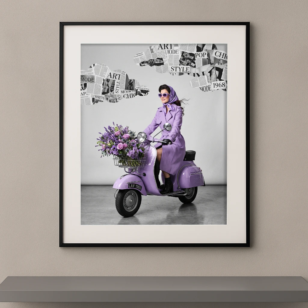 Mode vintage monochrome lavande Vespa scooter bouquet fleurs mauves — Graphic Avenue