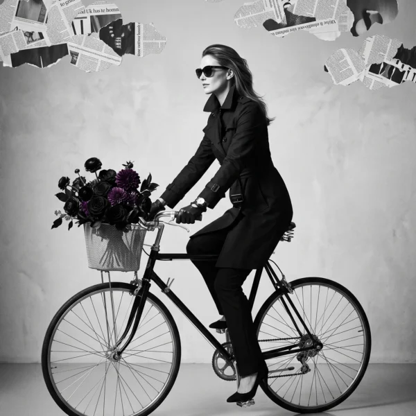 Noir Absolu — mode vintage monochrome noir, silhouette en trench noir à vélo avec bouquet de roses noires, art mural premium
