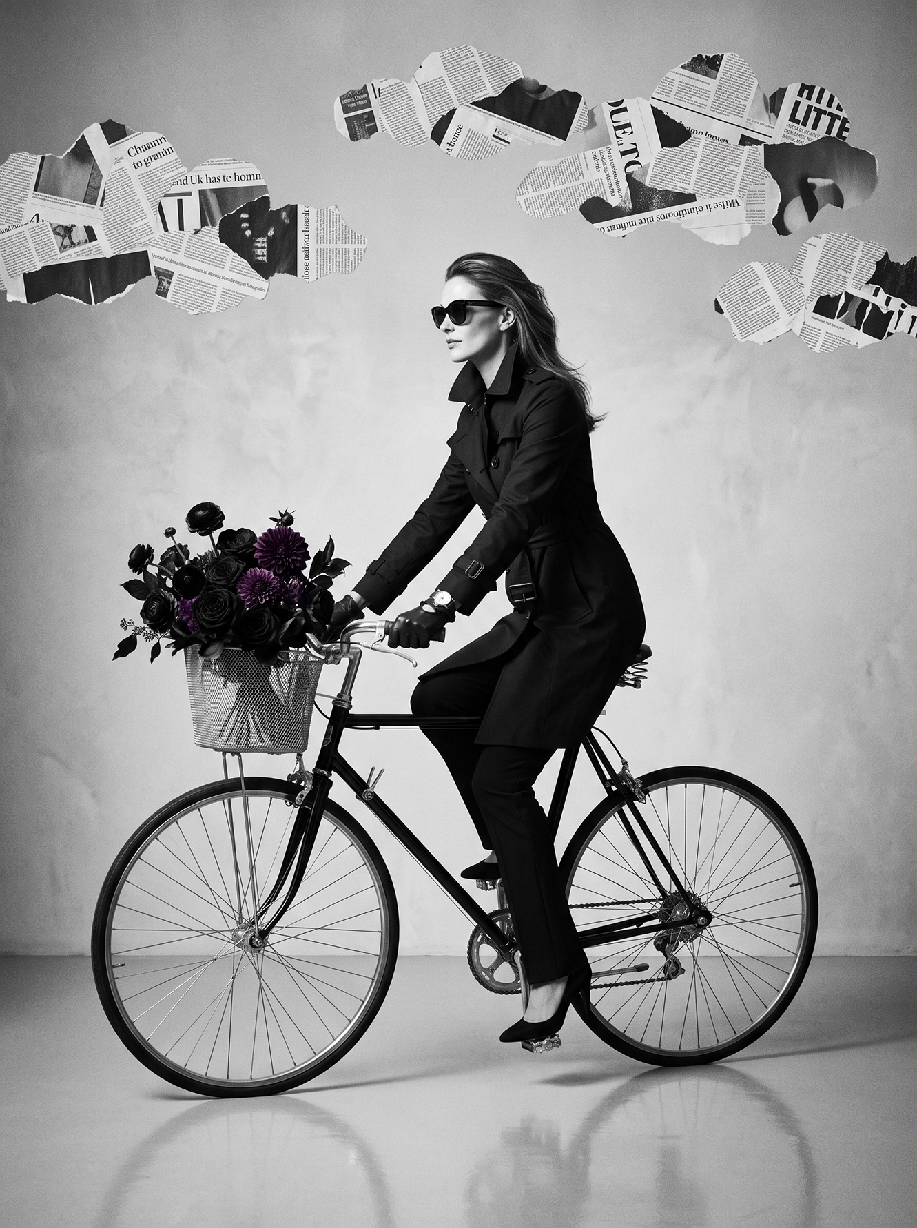 Noir Absolu — mode vintage monochrome noir, silhouette en trench noir à vélo avec bouquet de roses noires, art mural premium