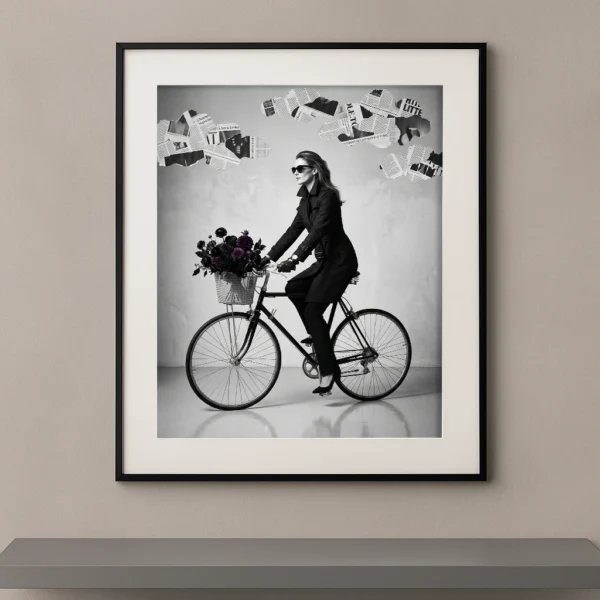 Mode vintage monochrome noir absolu silhouette vélo trench bouquet noir — Graphic Avenue