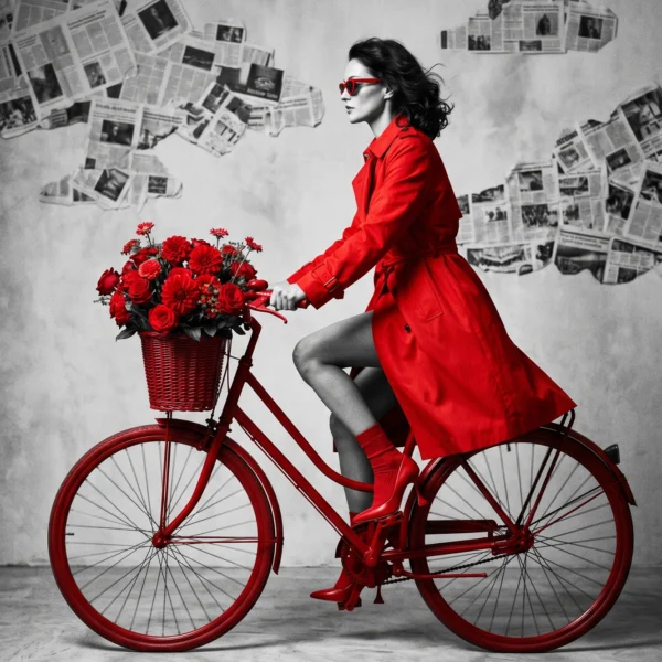 Rouge Passion — silhouette en trench rouge à vélo avec panier de roses rouges, fond béton brut, art mural premium