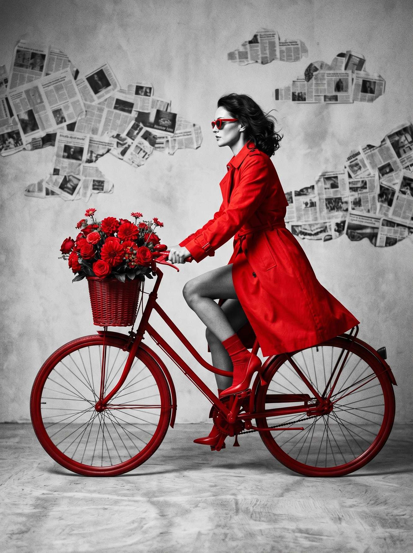 Rouge Passion — silhouette en trench rouge à vélo avec panier de roses rouges, fond béton brut, art mural premium