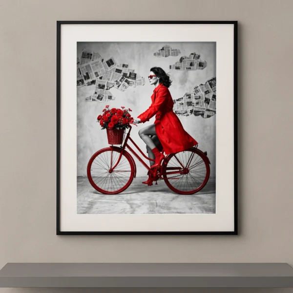 Mode vintage monochrome rouge passion vélo trench roses béton — Graphic Avenue