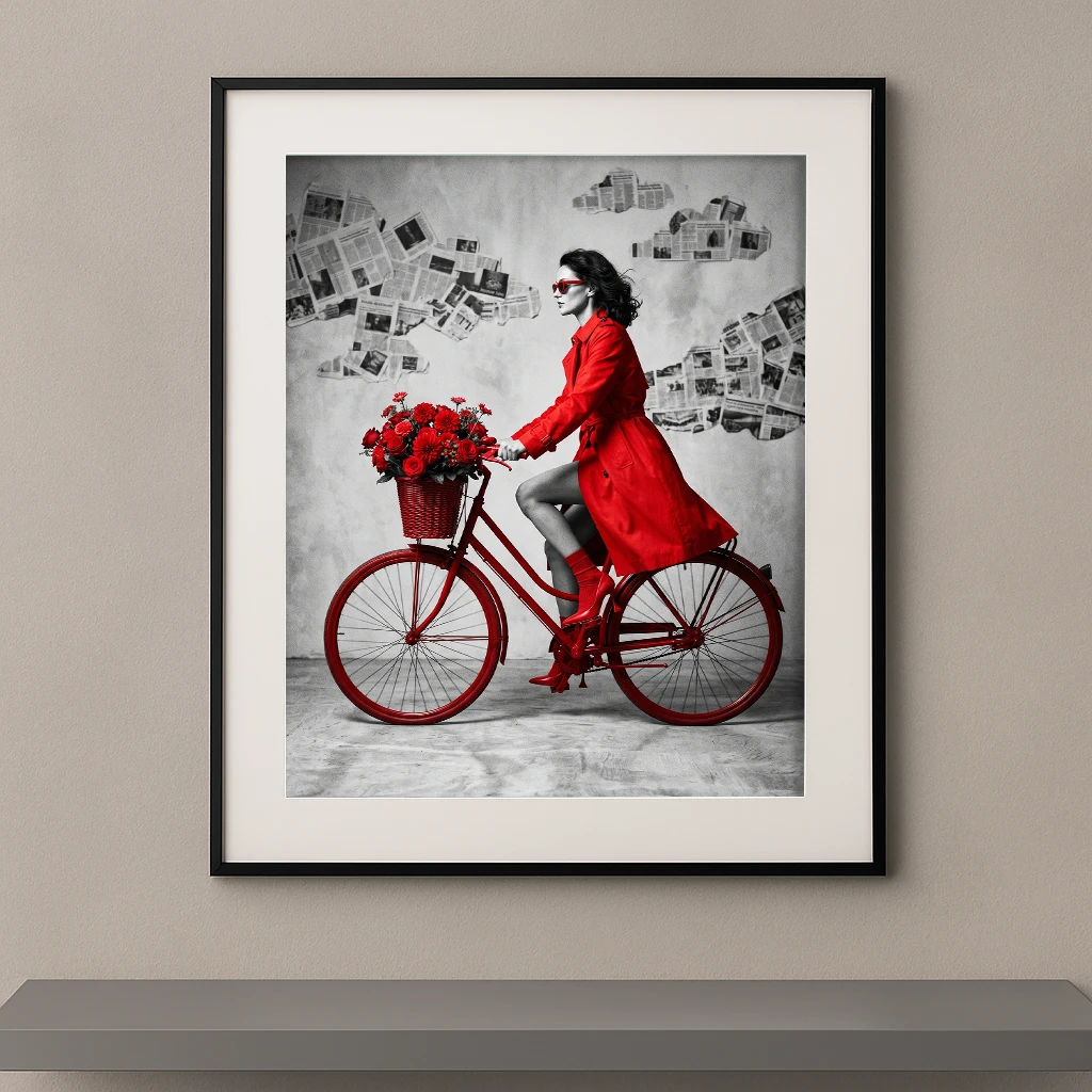 Mode vintage monochrome rouge passion vélo trench roses béton — Graphic Avenue
