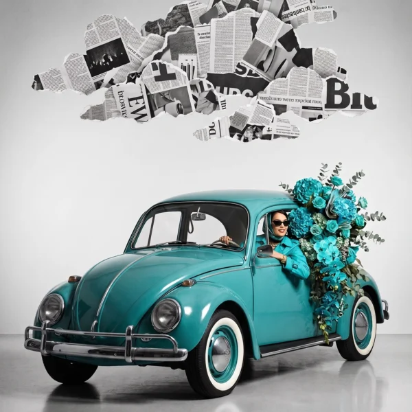 Turquoise Éclat — mode vintage monochrome turquoise, conductrice en Coccinelle Volkswagen turquoise avec orchidées, art mural premium