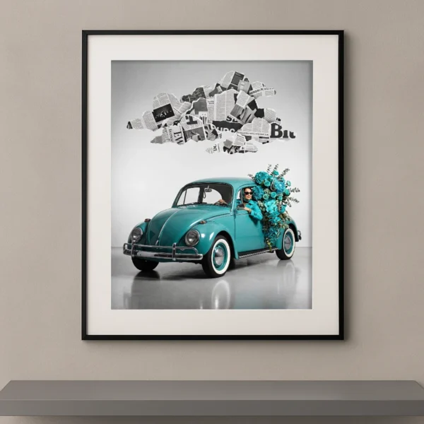 Mode vintage monochrome turquoise Coccinelle Volkswagen bouquet fleurs — Graphic Avenue