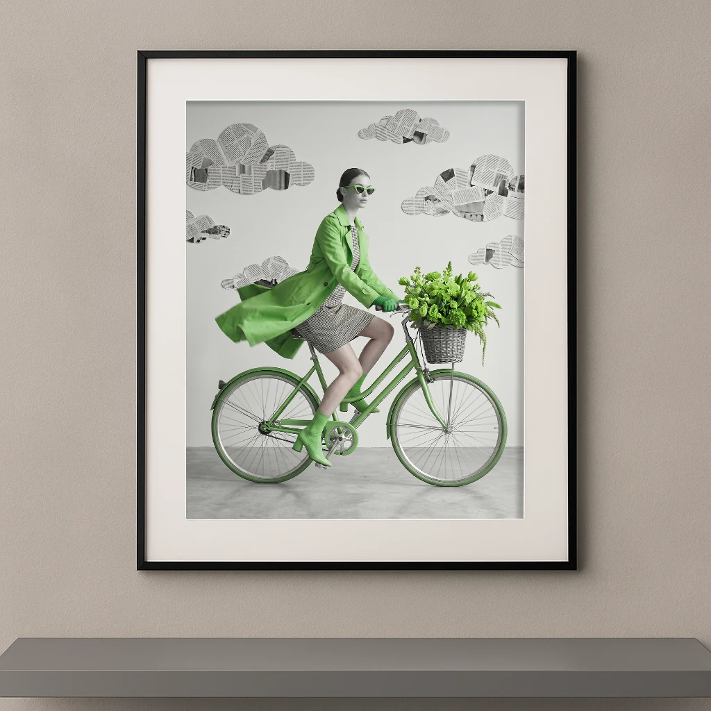 Mode vintage monochrome vert émeraude vélo trench bouquet fleurs — Graphic Avenue