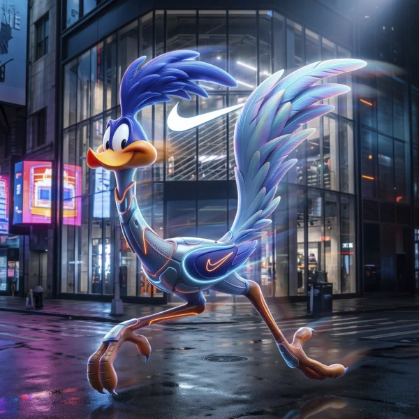Neon Runner – Urban Speed, oiseau runner pop en pleine course dans une rue urbaine nocturne, art mural premium