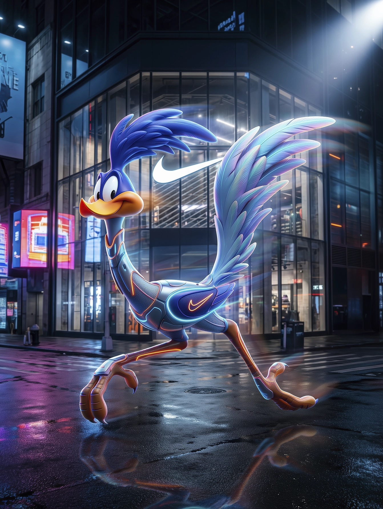 Neon Runner – Urban Speed, oiseau runner pop en pleine course dans une rue urbaine nocturne, art mural premium
