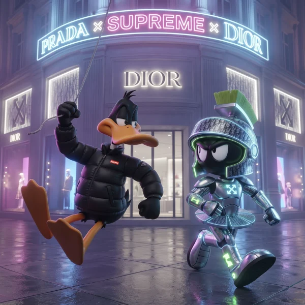Neon Toon Duo – Luxury Night, duo cartoon dans une rue urbaine nocturne devant une boutique illuminée aux néons, art mural premium