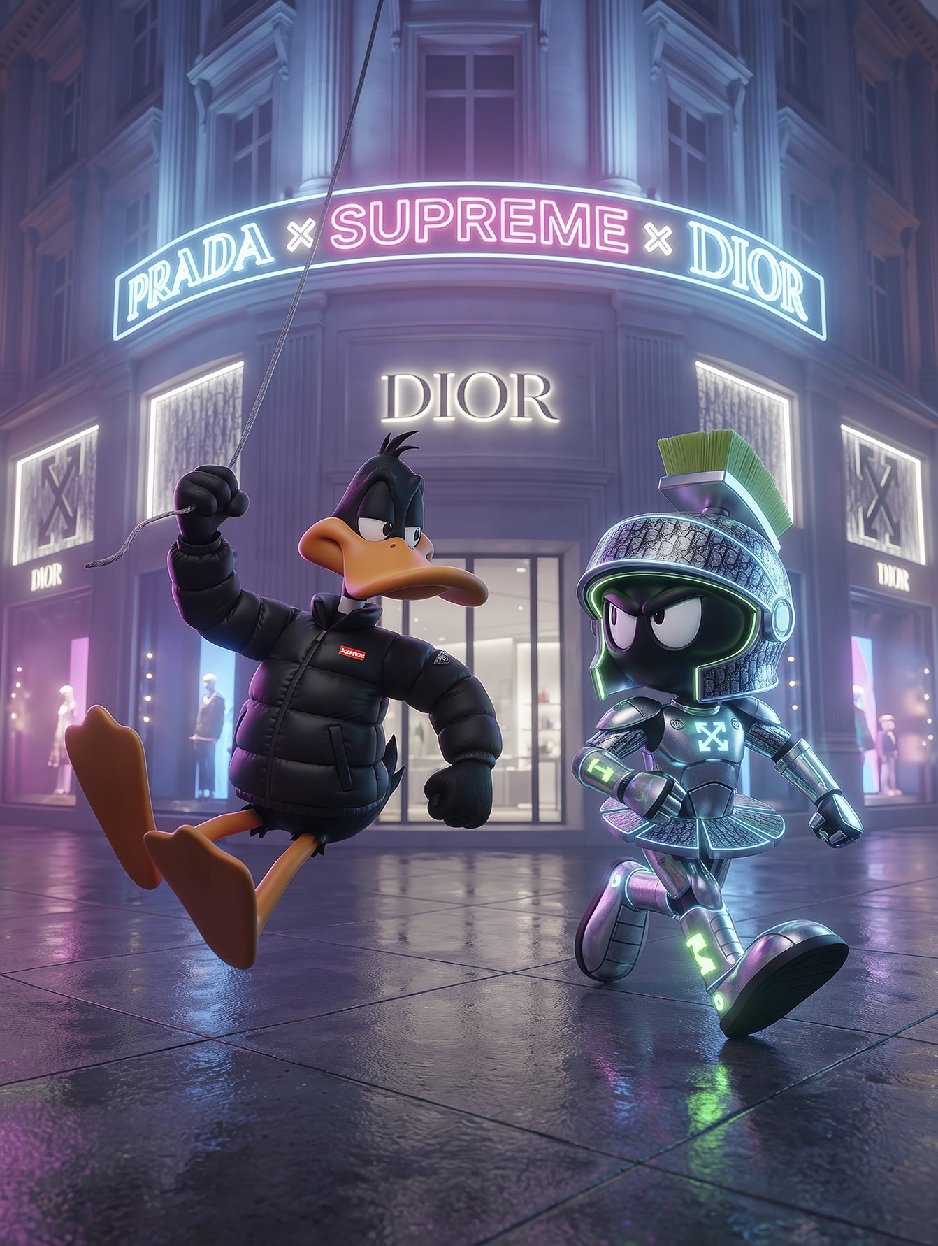 Neon Toon Duo – Luxury Night, duo cartoon dans une rue urbaine nocturne devant une boutique illuminée aux néons, art mural premium