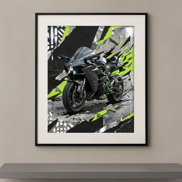 Tableau Ninja Fracture représentant une Kawasaki Ninja H2 dans une composition street art avec textures de béton, métal et éclats graphiques vert électrique.