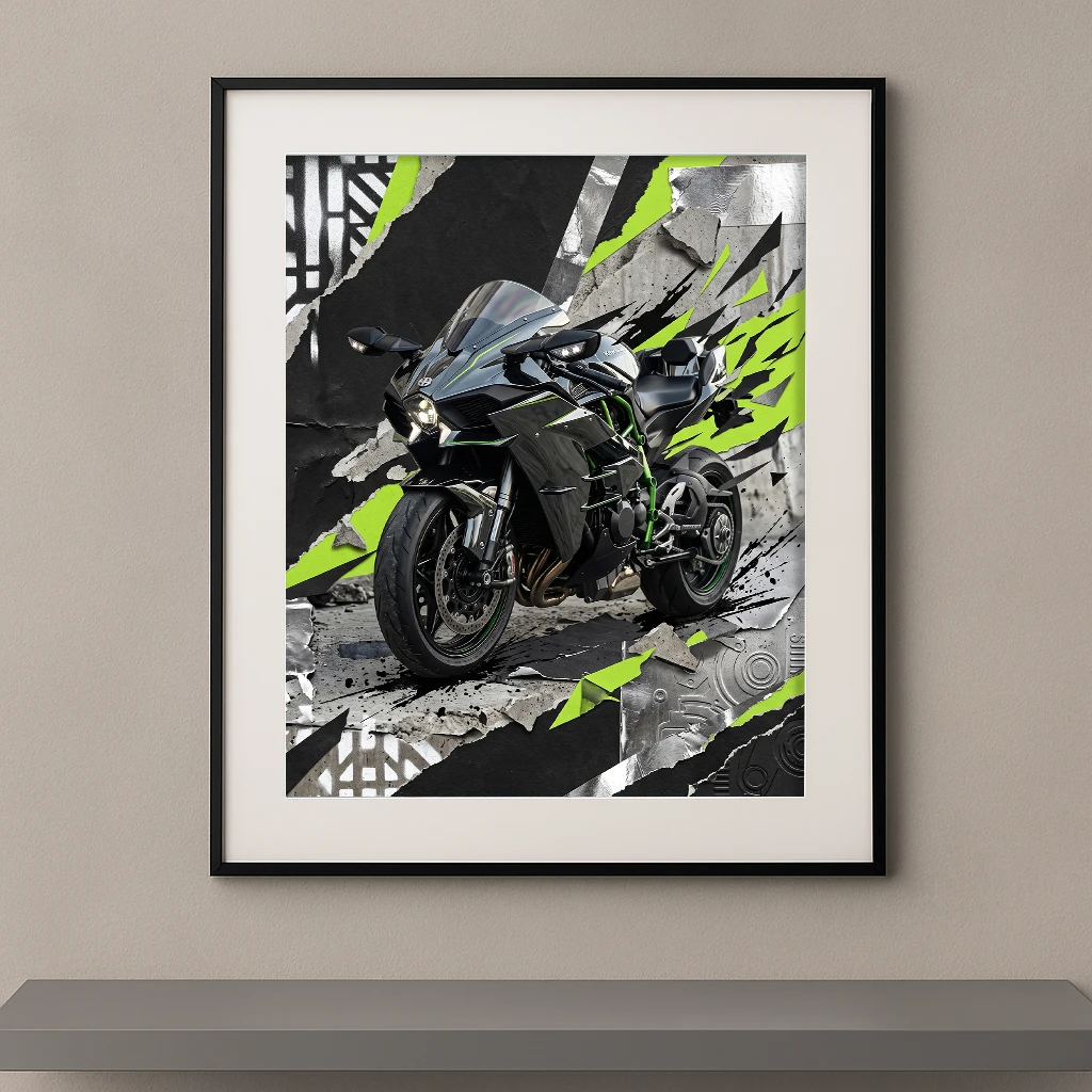 Tableau Ninja Fracture représentant une Kawasaki Ninja H2 dans une composition street art avec textures de béton, métal et éclats graphiques vert électrique.