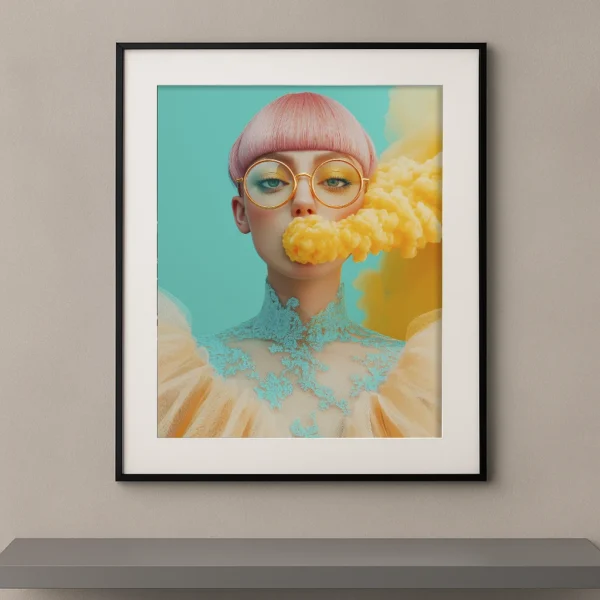 Nuage Solaire, portrait féminin pastel avec lunettes dorées et nuage jaune traversant le visage