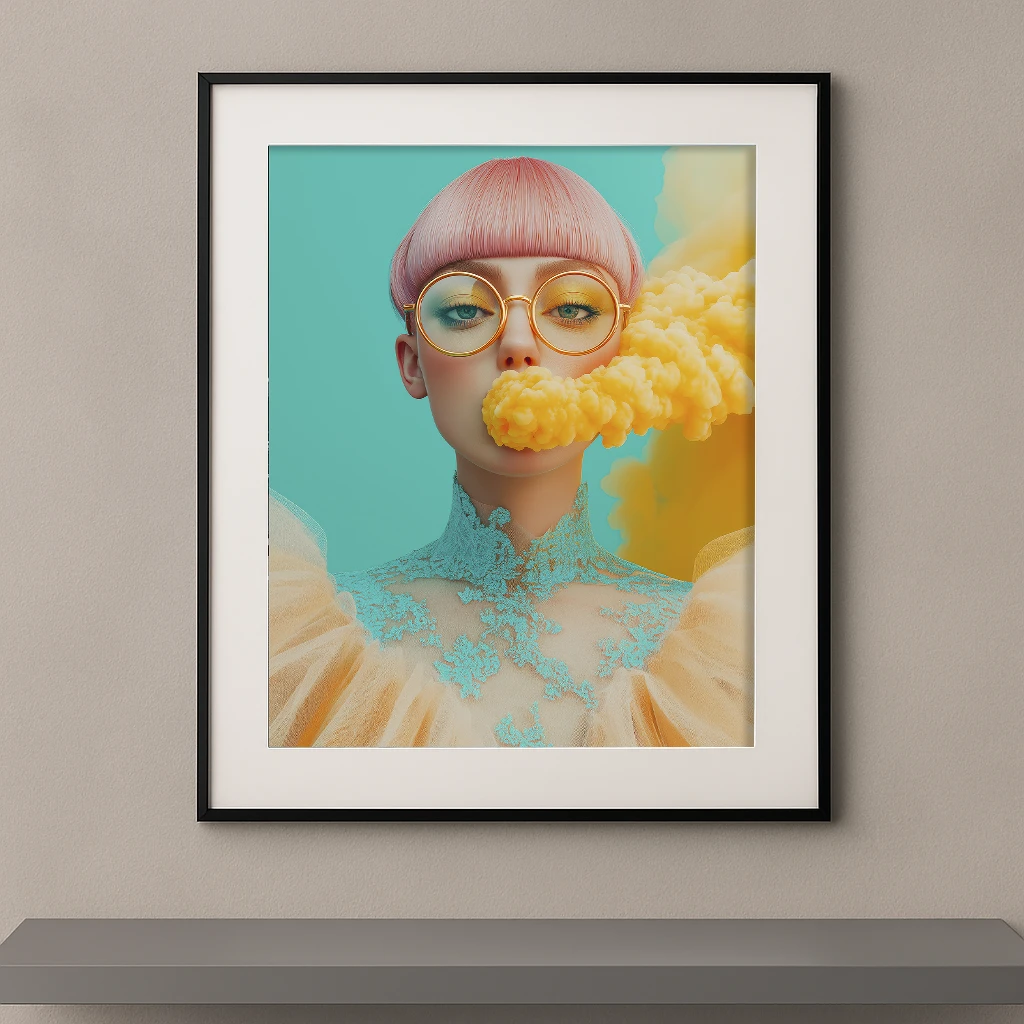 Nuage Solaire, portrait féminin pastel avec lunettes dorées et nuage jaune traversant le visage