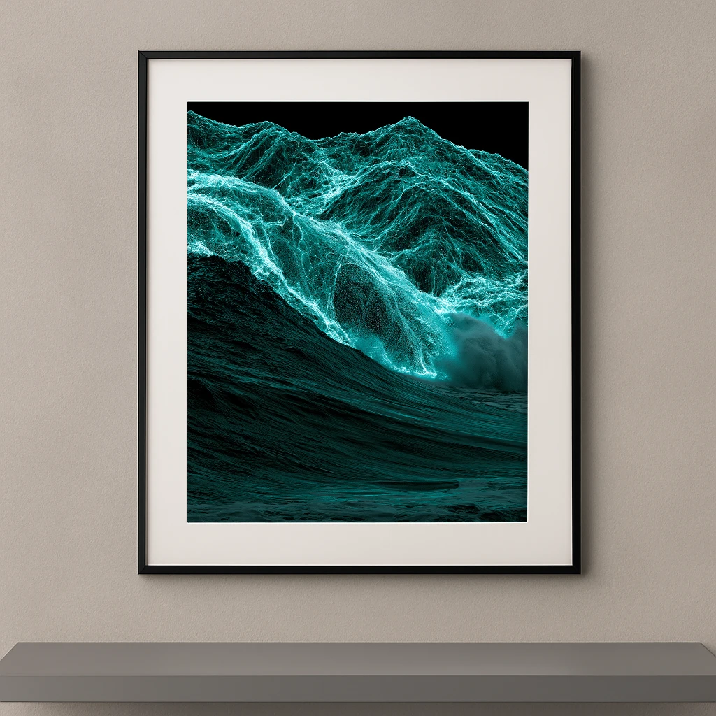 Océan Numérique, paysage de vagues turquoise formées par des réseaux de particules lumineuses