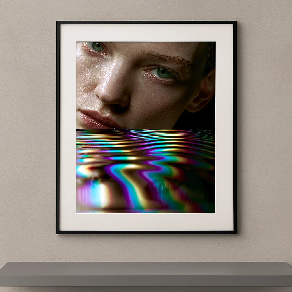 Tableau portrait féminin au-dessus d’une surface ondulante parcourue de reflets multicolores