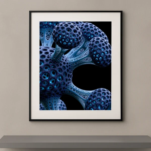Tableau abstrait biomorphique représentant un organisme bleu composé de cellules poreuses et de sphères ramifiées