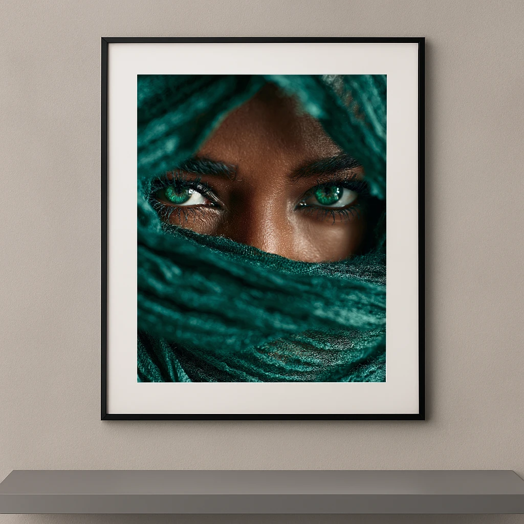 Portrait artistique d'un regard vert émeraude intense apparaissant derrière un voile bleu-vert dans un style photographique Fine Art contemporain.