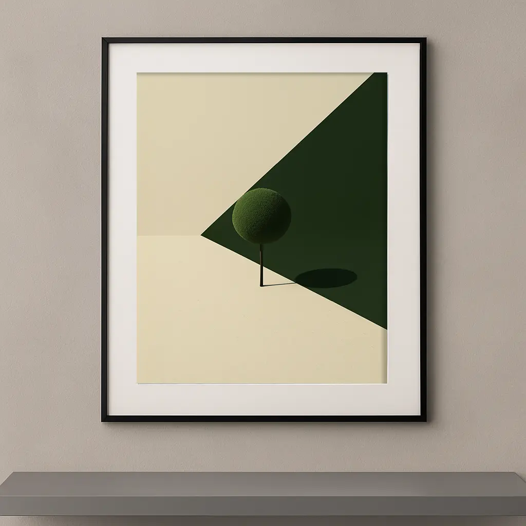 Tableau minimaliste représentant un arbre sphérique solitaire sur une composition géométrique verte et crème au style contemporain.