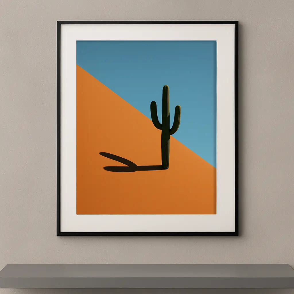 Tableau minimaliste représentant un cactus solitaire projetant une longue ombre sur un fond géométrique orange et bleu inspiré des paysages désertiques.