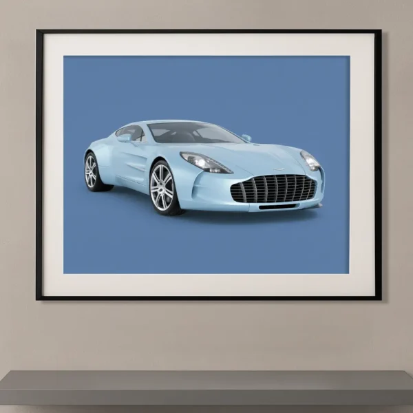 Tableau Aston Martin One-77 bleu clair présenté sur fond bleu monochrome dans une composition minimaliste mettant en valeur les lignes sculpturales de cette supercar britannique.