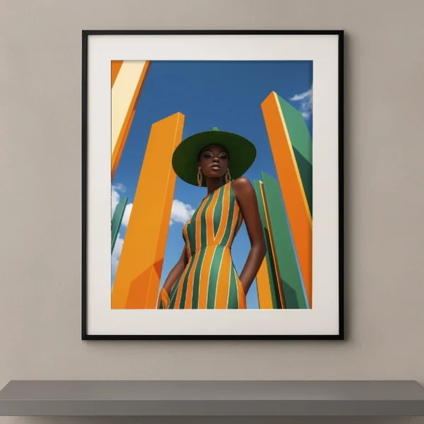 Orange Avenue, femme élégante en robe rayée orange et verte au milieu d’une architecture colorée