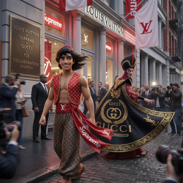 Oriental Hero – Luxury Parade, héros pop dans une rue animée devant une boutique haut de gamme, art mural premium