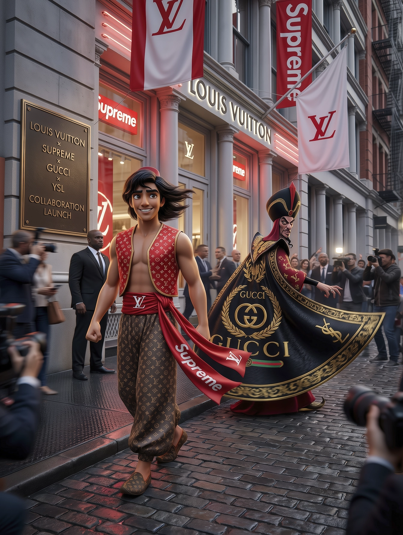 Oriental Hero – Luxury Parade, héros pop dans une rue animée devant une boutique haut de gamme, art mural premium