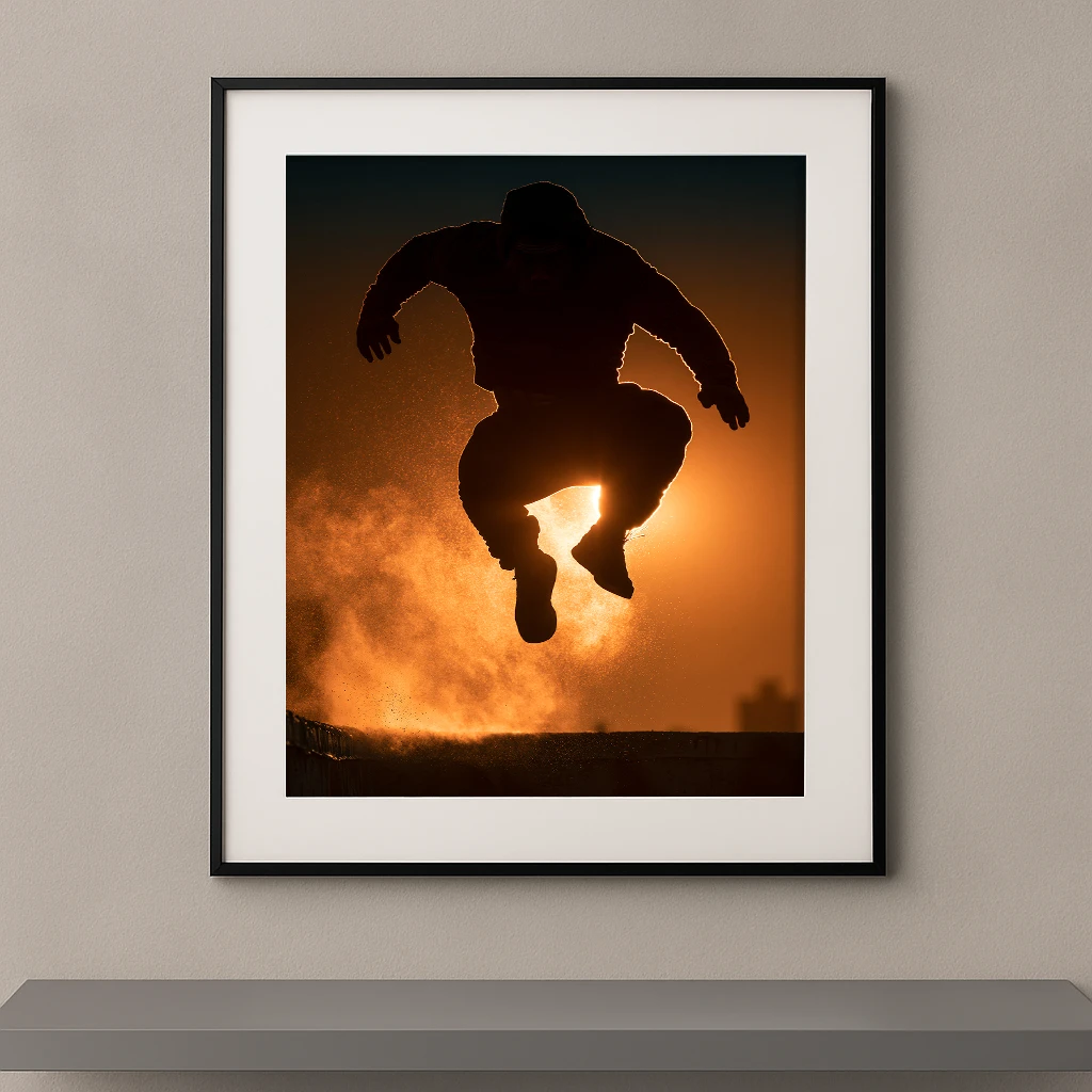 Tableau mural silhouette d'un athlète de parkour en plein saut au coucher du soleil