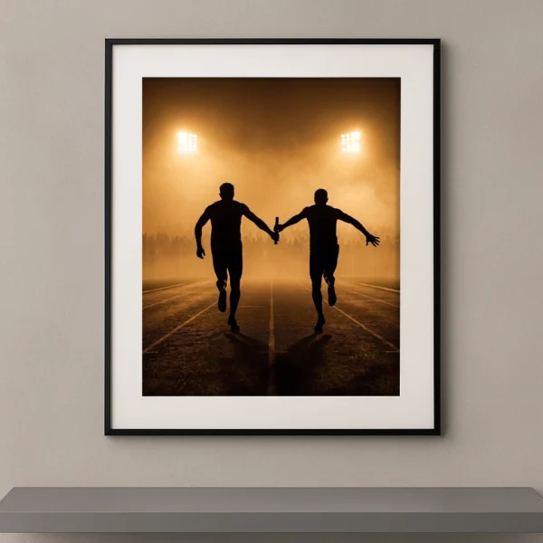Tableau mural silhouette de deux coureurs de relais lors du passage de témoin