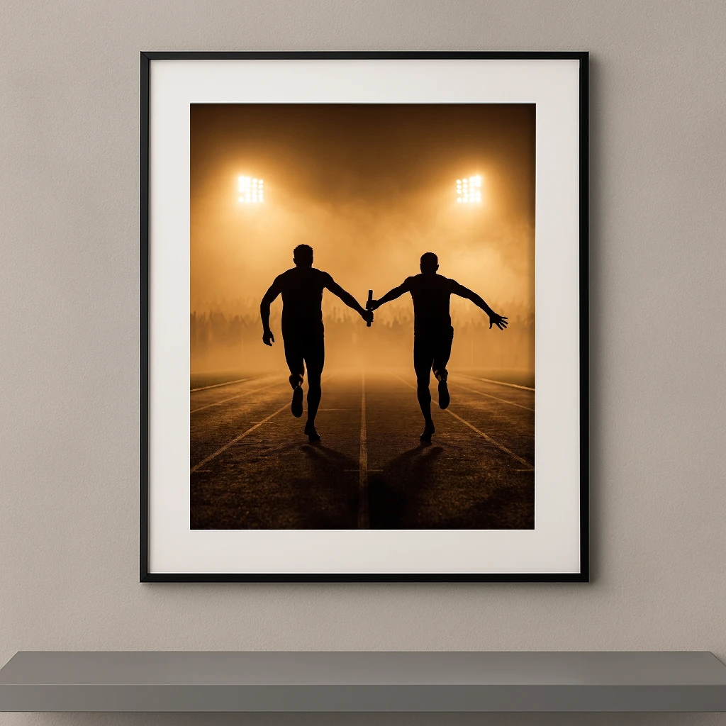 Tableau mural silhouette de deux coureurs de relais lors du passage de témoin