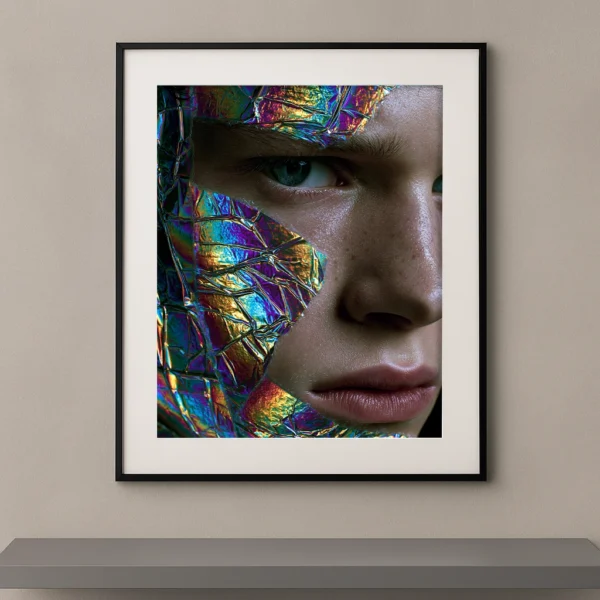 Tableau portrait féminin en gros plan partiellement recouvert d’une matière holographique froissée aux reflets arc-en-ciel