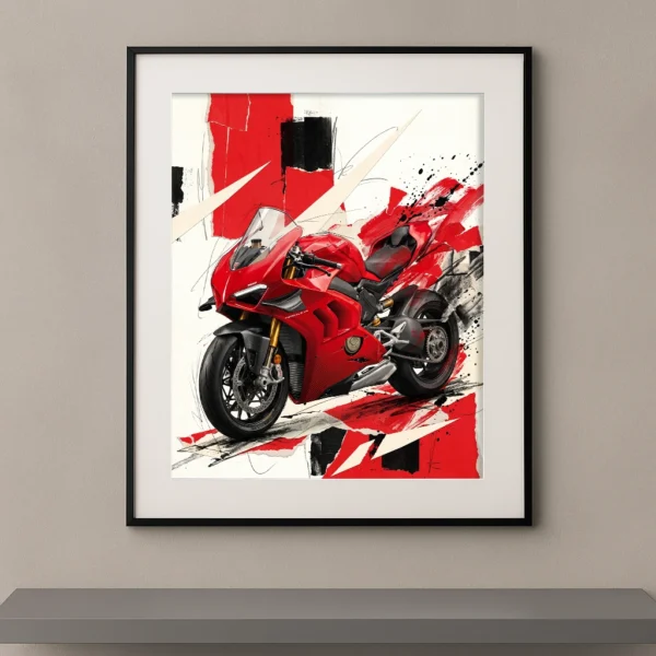 Tableau Panigale Absolue représentant une Ducati Panigale V4 dans une composition graphique contemporaine mêlant abstraction, projections de peinture et design italien.