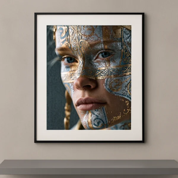 Portrait artistique avec maquillage inspiré d'un masque antique en argent vieilli, or patiné et gravures historiques.