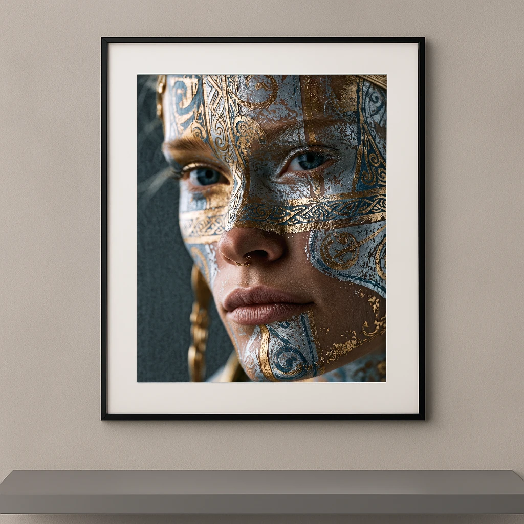 Portrait artistique avec maquillage inspiré d'un masque antique en argent vieilli, or patiné et gravures historiques.
