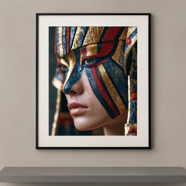 Portrait artistique de profil avec maquillage graphique inspiré de l'Égypte antique en bleu lapis-lazuli, rouge et or métallisé.