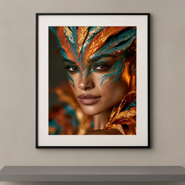 Portrait artistique d'une femme portant un maquillage graphique inspiré des plumes d'un phénix, mêlant turquoise, cuivre et or dans une composition spectaculaire.