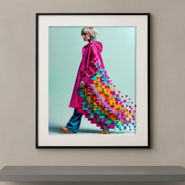Pixel Couture, femme en manteau rose se transformant en pixels multicolores