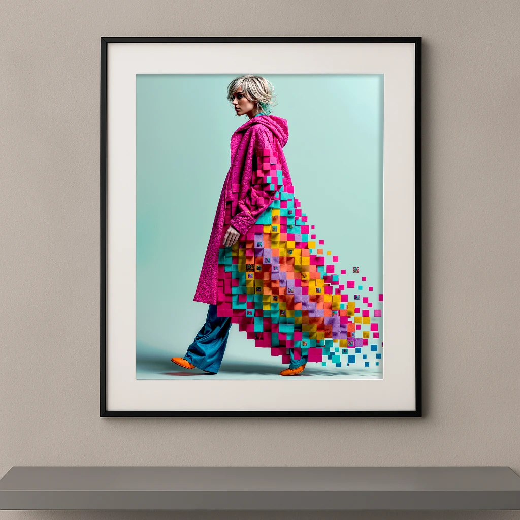 Pixel Couture, femme en manteau rose se transformant en pixels multicolores