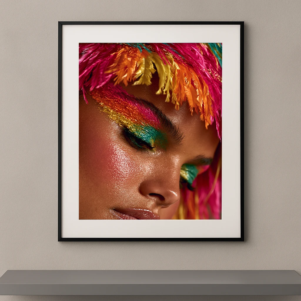 Portrait artistique en gros plan d'une femme portant un maquillage tropical multicolore avec plumes roses, orange et jaunes inspiré de la haute couture.