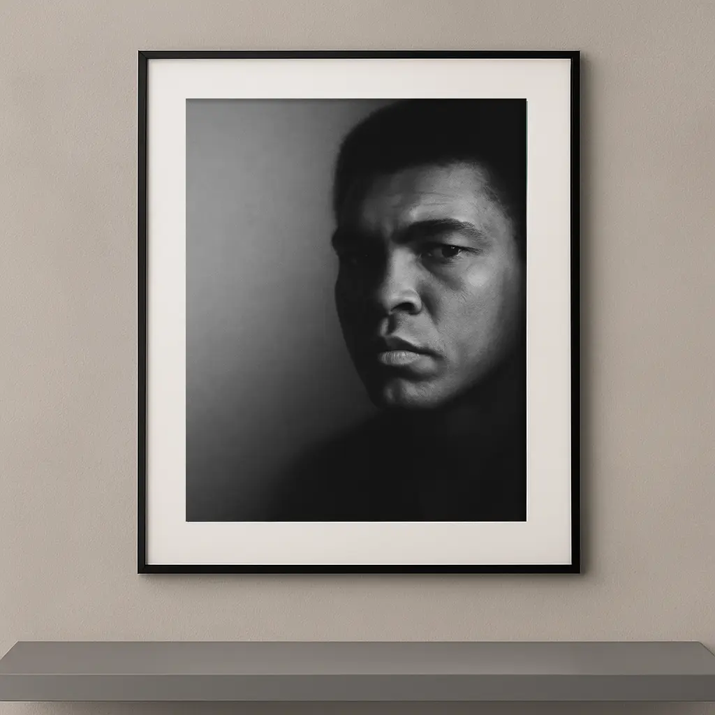 Tableau portrait noir et blanc de Muhammad Ali au regard déterminé