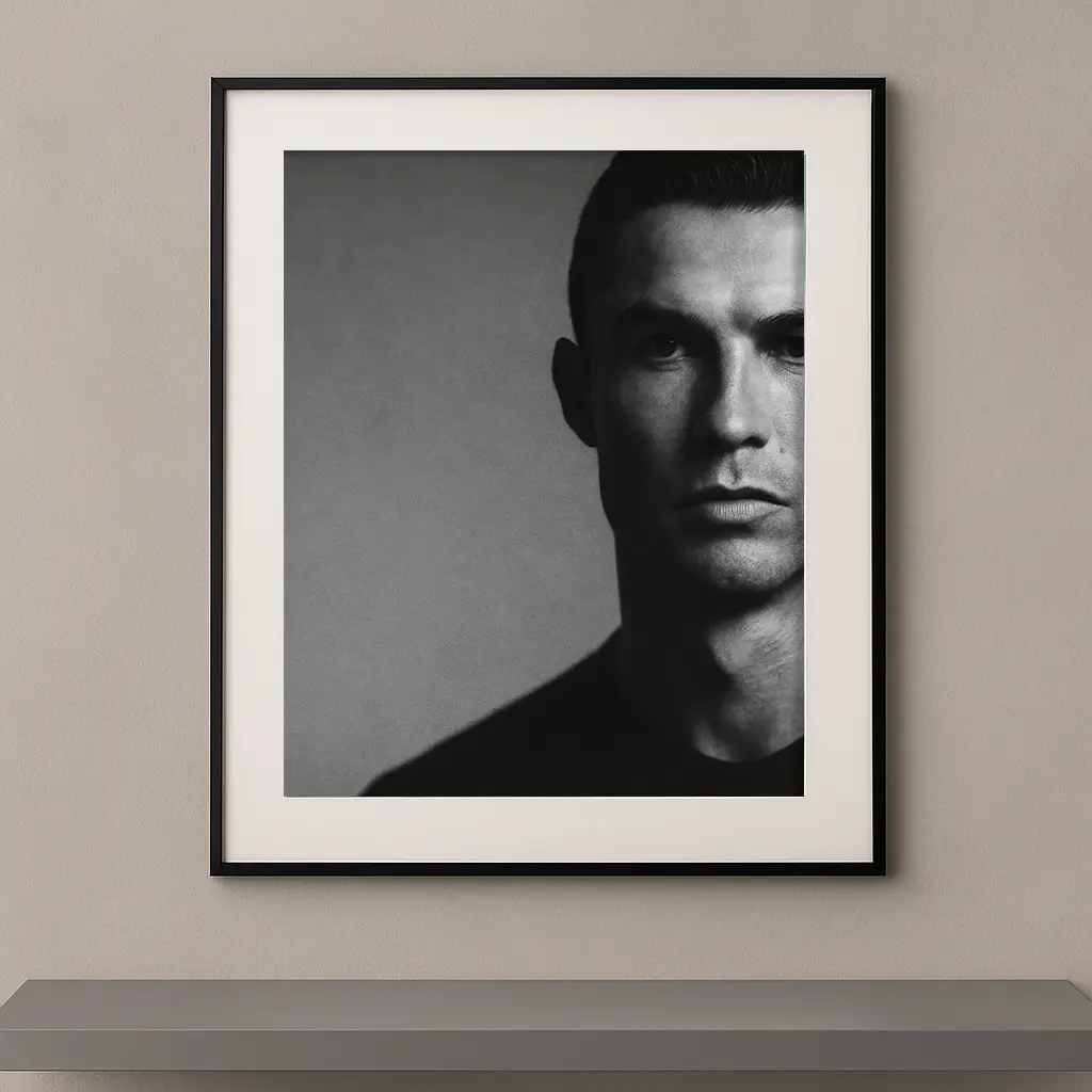 Tableau portrait noir et blanc de Cristiano Ronaldo en clair-obscur