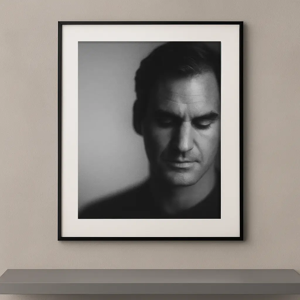 Tableau portrait noir et blanc de Roger Federer les yeux baissés