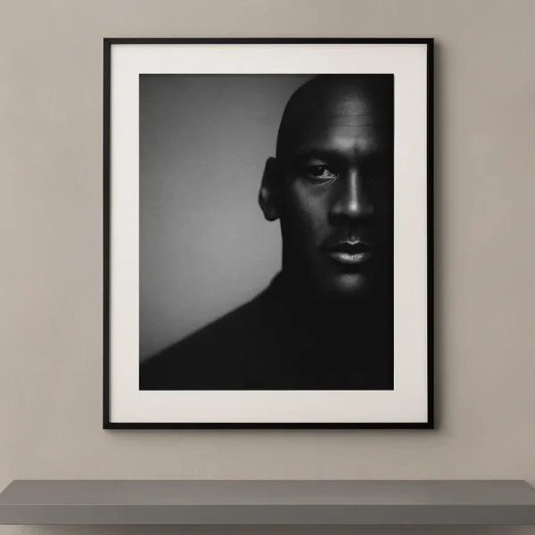 Tableau portrait noir et blanc de Michael Jordan en clair-obscur