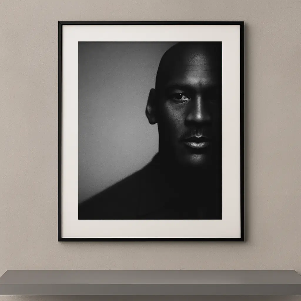 Tableau portrait noir et blanc de Michael Jordan en clair-obscur