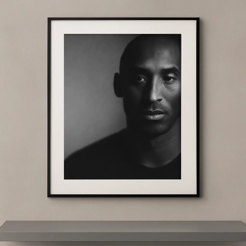 Tableau portrait noir et blanc de Kobe Bryant au regard tourné vers la lumière