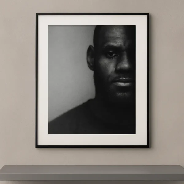 Tableau portrait noir et blanc de LeBron James en clair-obscur